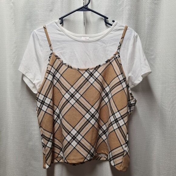 NWT No Boundaries Womens Khaki Plaid Tank and Tee Combo | Size: XXL - Picture 1 of 4